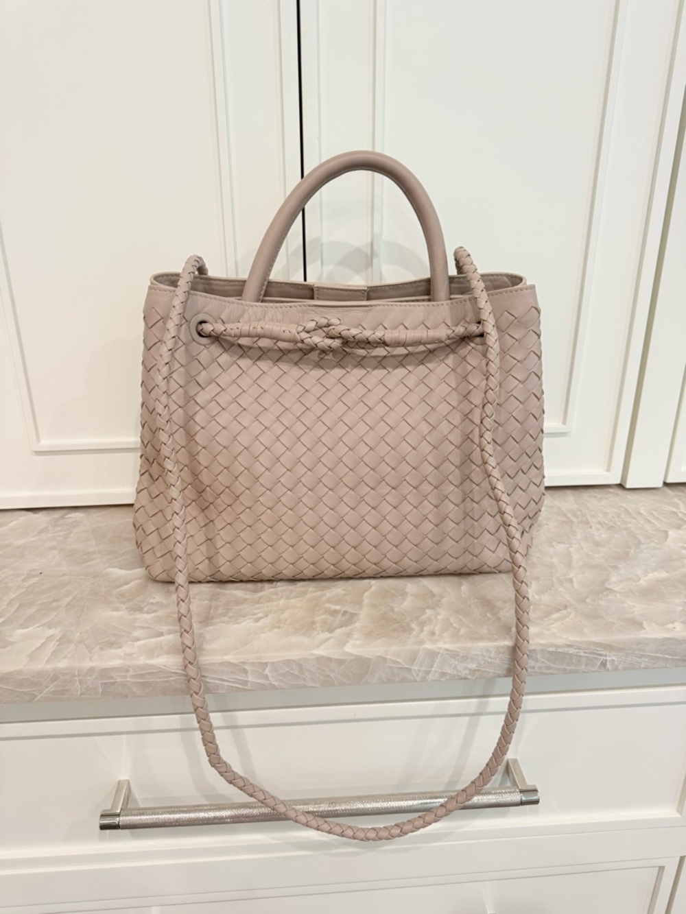 NWOT Quince Italian Leather Taupe Handwoven Satchel Bag - Picture 7 of 14
